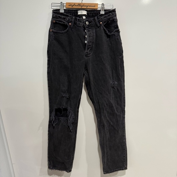 Abercrombie & Fitch Curve Love Washed Black Distressed High Rise Dad Jean - Picture 6 of 8